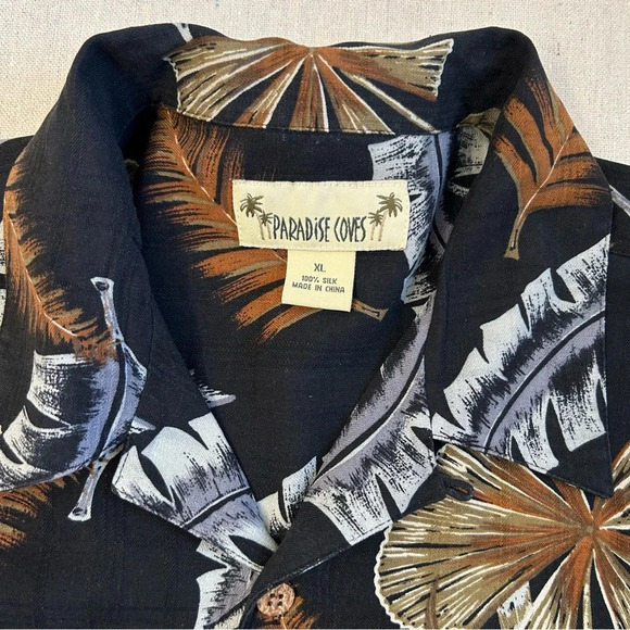 Vtg Paradise Coves Mens Blk Printed 100% Silk Button-Down Hawaiian Shirt Size XL - Picture 7 of 9